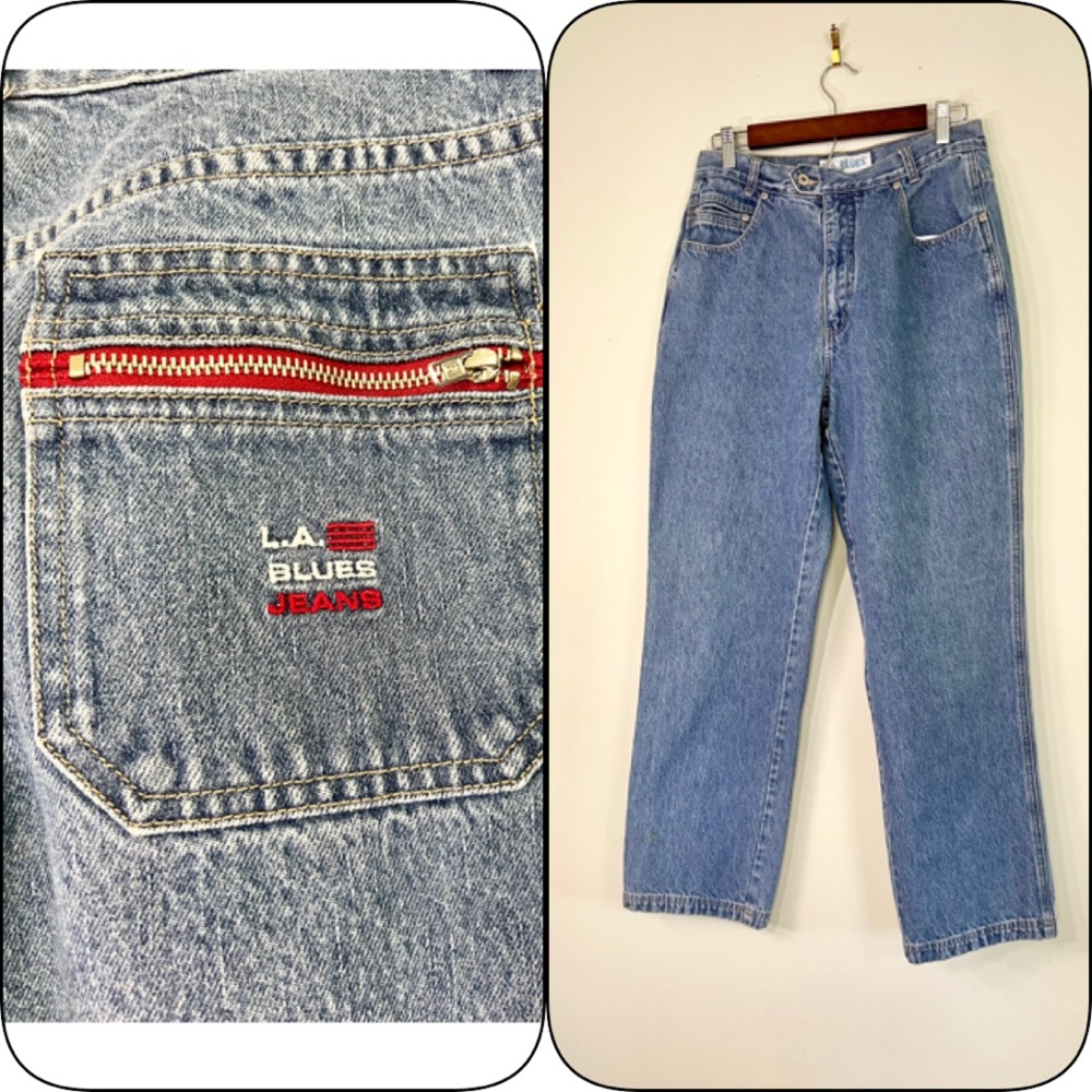 VINTAGE Y2K LA Blue Jeans with Red Zipper Pockets Grunge Skater